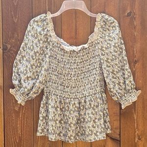 Max Studio top; retro pastel pattern, stretch bodice with ruffle accents